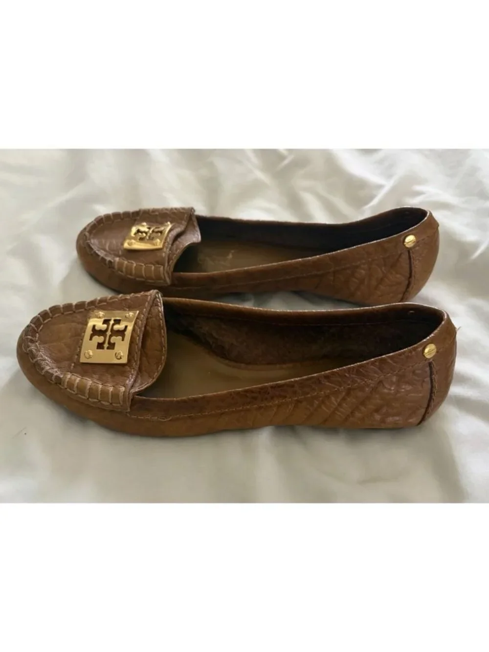 TORY BURCH Tan Carmel Textured Leather Driver Mocs Flats Size 7.5 Slip On